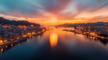 A breathtaking evening scene featuring a city skyline illuminated by colorful fireworks, creating a majestic reflection over a tranquil water body under a vibrant sunset.