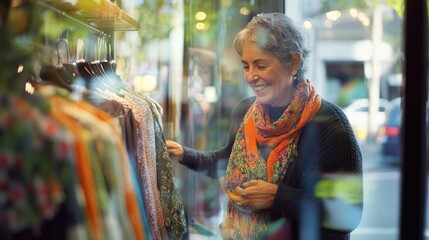 Obraz premium A joyful woman in a cozy scarf admires vibrant clothes in a boutique window, savoring a leisurely shopping day.