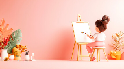 Artistic Dream: A 3D rendered illustration of a young female artist painting on an easel, surrounded by vibrant plants in a pastel pink studio.