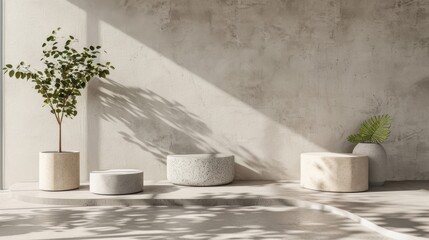Minimalist Interior Design: A serene and stylish interior design concept with a focus on clean lines, neutral colors, and natural elements. The image features a concrete wall, a potted plant.