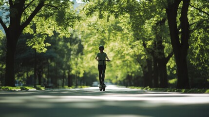 Obraz premium In a sun-dappled alley lined with lush trees, a solitary figure rides an electric scooter, embracing freedom and nature's serenity.
