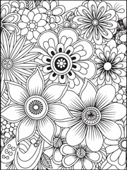 Coloring book page for adults. Black and white floral background.