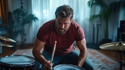 A muscular drummer wearing a red shirt intensely practices on his drum set in a warmly lit, character-filled studio, showcasing dedication and musical passion.
