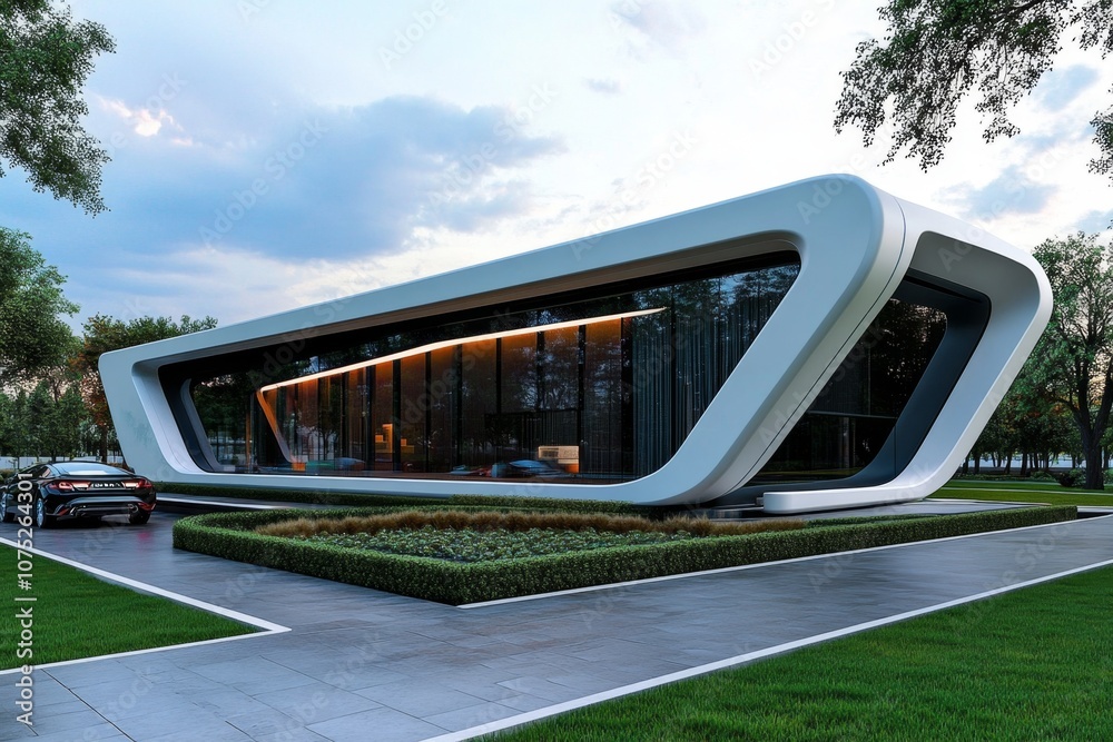 Poster a futuristic house with glass walls, sharp angles, and an automated garden, set in a high-tech envir