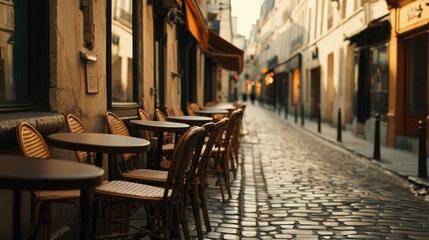 Fototapeta premium Sunlit cobblestone street with neatly arranged outdoor cafe tables, creating a warm European charm and inviting ambiance.