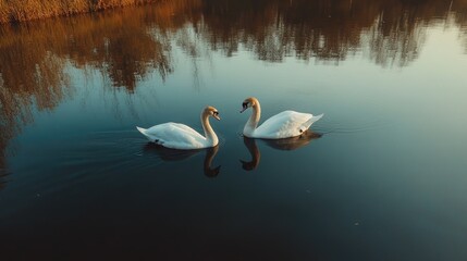 Two swans floating together on a peaceful lake, their reflections creating a heart shape in the water.