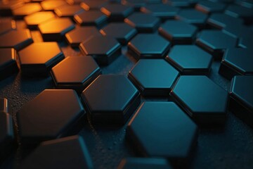 Fototapeta premium Modern Hexagonal Surface with Orange and Blue Highlights in a Dark Futuristic Setting