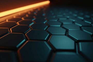Naklejka premium Modern Hexagonal Surface with Orange and Blue Highlights in a Dark Futuristic Setting