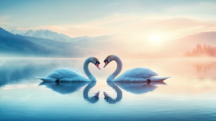 Naklejka premium Two white swans on a lake at sunrise, forming a heart shape with their necks, calm water surrounding them.