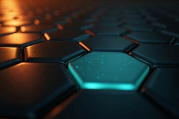 Obraz premium Modern Hexagonal Surface with Orange and Blue Highlights in a Dark Futuristic Setting