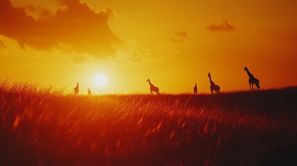 Fototapeta premium Giraffes adorn the horizon at sunset, silhouetted against a sky ablaze with orange, embodying the essence of the wild African savannah.