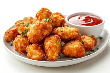 Fototapeta premium Ketchup-sauced fried chicken finger nuggets on a white backdrop. Generative Ai