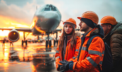 Airport Workers at Sunset: A team of aviation professionals in orange safety vests stand on the tarmac, gazing at a large airplane during a breathtaking sunset.