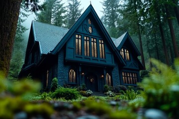 A haunting gothic house with tall windows, dark wood, and a shadowed, eerie garden