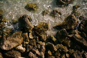 the sea waves are beating against the rocks covered with a green coating