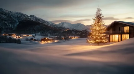 A snow-covered landscape featuring a warmly lit cabin and a Christmas tree adorned with lights, set against an Alpine mountain backdrop, evoking warmth and festivity.