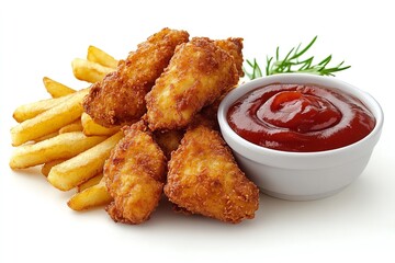 Ketchup-sauced fried chicken finger nuggets on a white backdrop. Generative Ai