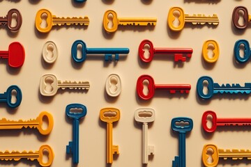 Obraz premium A colorful arrangement of various keys on a neutral background, showcasing their designs.