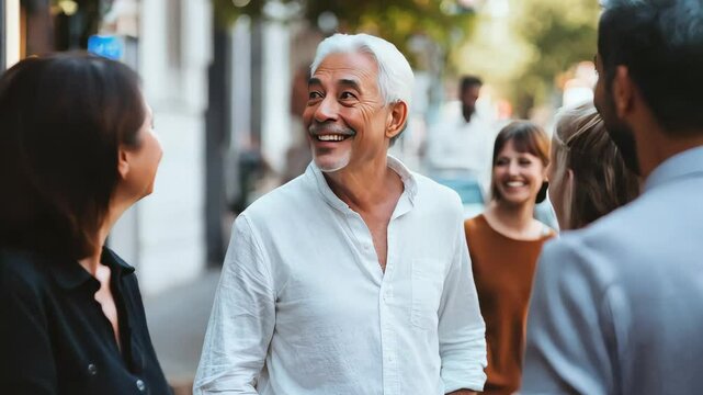 A white-haired mature man in loose jeans and a white casual shirt smiling with a group of friends on a city street, natural light