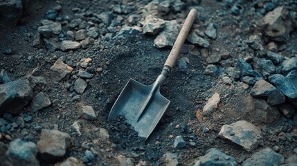 A weathered shovel lies on rocky, dusty ground, suggesting toil and labor under rustic conditions.