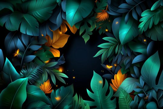 A jungle scene at dusk, with fireflies glowing among the foliage and a warm, fading light