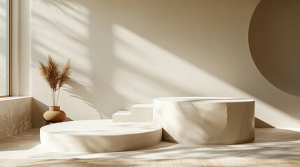 Minimalist Product Display: A serene and stylish product display featuring a trio of circular podiums, bathed in warm, natural light.