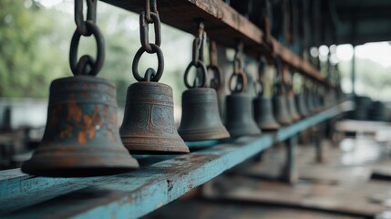 Fototapeta premium A rusty bell on a wooden rack lines up quietly, evoking feelings of nostalgia and the passage of time within an old, serene place.