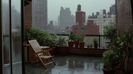 Fototapeta premium A cozy balcony overlooking a rainy cityscape, adorned with potted plants, inviting wooden chairs, and a wet, reflective floor that mirrors the anticipation of a storm.