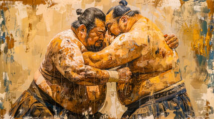 Sumo Showdown: A Powerful Painting of Two Sumo Wrestlers Locked in Intense Grapple 