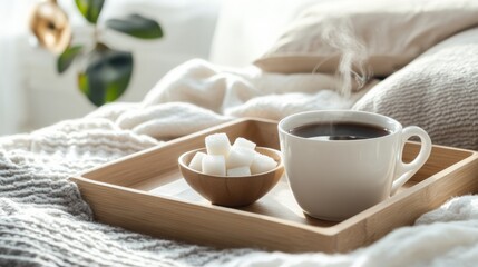 Steam rises from a warm cup of coffee next to sugar cubes on a cozy, blanket-covered bed tray, inviting a serene morning moment.
