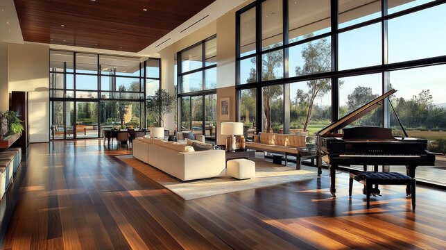 A modern living room with wooden floors, a grand piano, and elegant furniture.