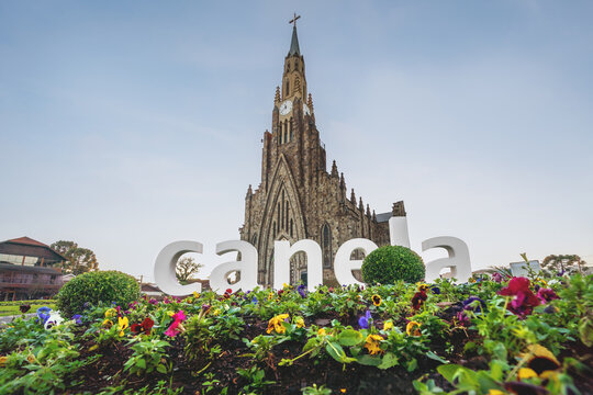 Cathedral of Stone and Canela City Sign (Catedral de Pedra) - Church of Our Lady of Lourdes - Canela, Rio Grande do Sul, Brazil