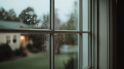 Naklejka premium Raindrops trickle down a windowpane, blurring the view of a cozy suburban house, evoking a sense of quiet solitude.