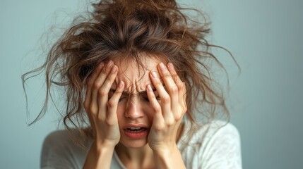 A distressed woman is seen with her hands covering her face and hair disheveled, embodying a state of anxiety and emotional struggle in a quiet setting.
