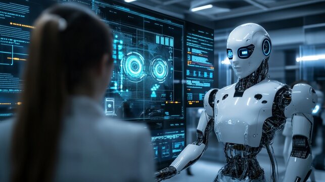 Imagine Artificial Intelligence at work, surrounded by symbols representing people, data analysis, and computer learning.