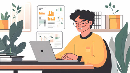 A young entrepreneur reviews sales graphs and customer insights on a laptop in a warm, plant-filled workspace, reflecting the flexibility of remote e-commerce.