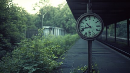 Naklejka premium An overgrown railway platform with a lone clock suggests paused time, nature reclaiming forgotten spaces, and echoes of journeys past.