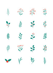 set of winter branches and leaves icons
