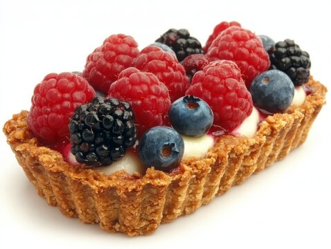 Tarta peque&ntilde;a cubierta con frambuesas, moras y ar&aacute;ndanos, decorada con crema, sobre fondo blanco.
