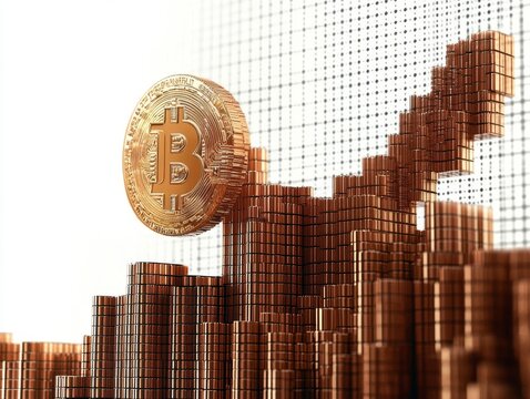 Moneda de bitcoin destacando frente a pilas de monedas de cobre con un gr&aacute;fico ascendente en el fondo.
 