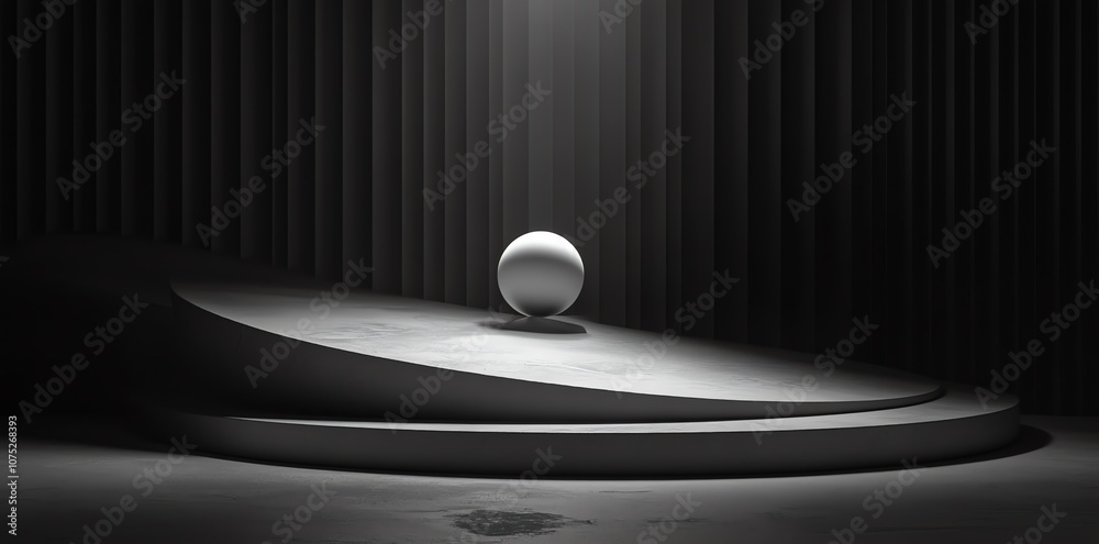 Poster a white sphere rests on a platform illuminated by a spotlight in a dark room.