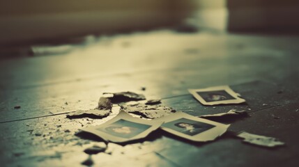 Fototapeta premium Torn photos lie scattered on a dusty floor, whispering tales of forgotten moments and evoking nostalgia amidst the disarray.