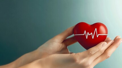  Un corazón rojo con un símbolo de latido sostenido por manos cuidadosas, representando salud y cuidado.
