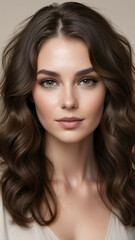 Naklejka premium Portrait of a woman with voluminous, wavy brunette hair and a subtle makeup look, placed against a neutral background