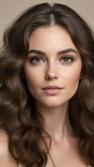 Obraz premium Portrait of a woman with voluminous, wavy brunette hair and a subtle makeup look, placed against a neutral background