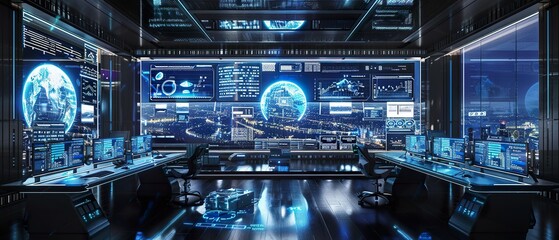 Modern Control Room with Global Internet Network Visualization