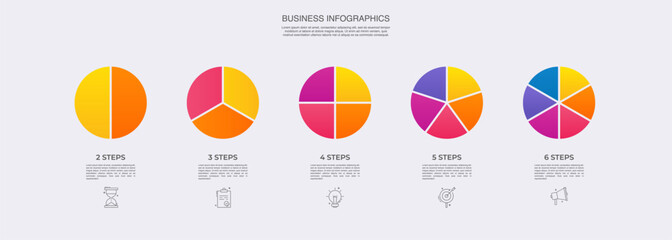 Circle division vector infographics icon set from 2 to 6. Different color circles chart divided 2, 3, 4, 5, 6 equal parts. Business round diagram with same size sectors, fraction.