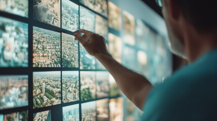 A person interacts with a vibrant, digital display of city aerial views, selecting images with curiosity and focus.