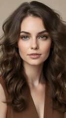 Naklejka premium Portrait of a woman with voluminous, wavy brunette hair and a subtle makeup look, placed against a neutral background