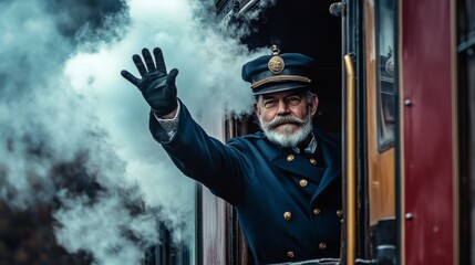 A train conductor in a vintage uniform waves from the train door, surrounded by billowing steam, evoking a bygone era of classic rail travel.